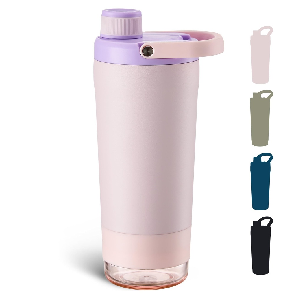 Fijinhom 24 oz Insulated Shaker Bottle with Portable Powder Container. | Leak-Proof Protein Shaker Bottle, 304 Stainless Steel Insulated Water Bottle with Removable Mixer, Measurement Marks, Pink