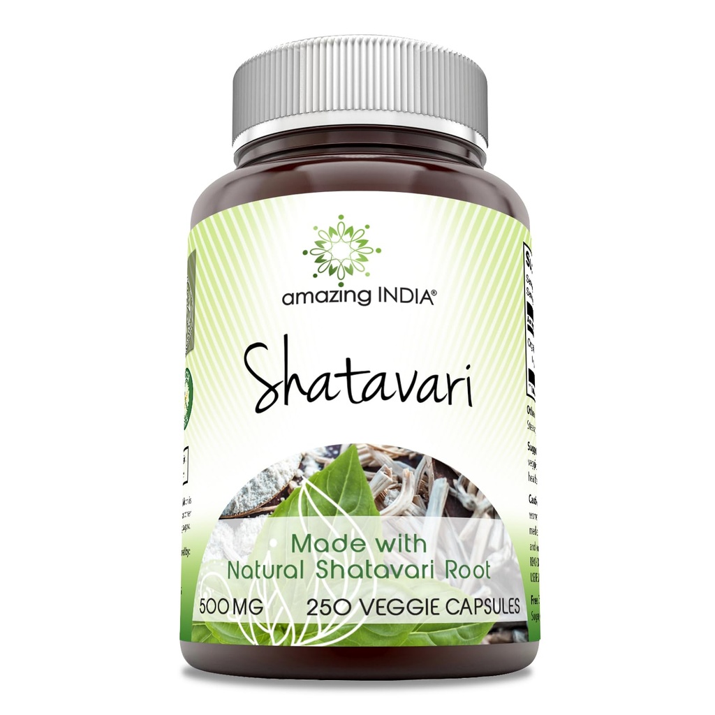 Amazing India Natural Shatavari 500 Mg per Serving 250 Veggie Capsules Supplement | Non-GMO | Gluten-Free