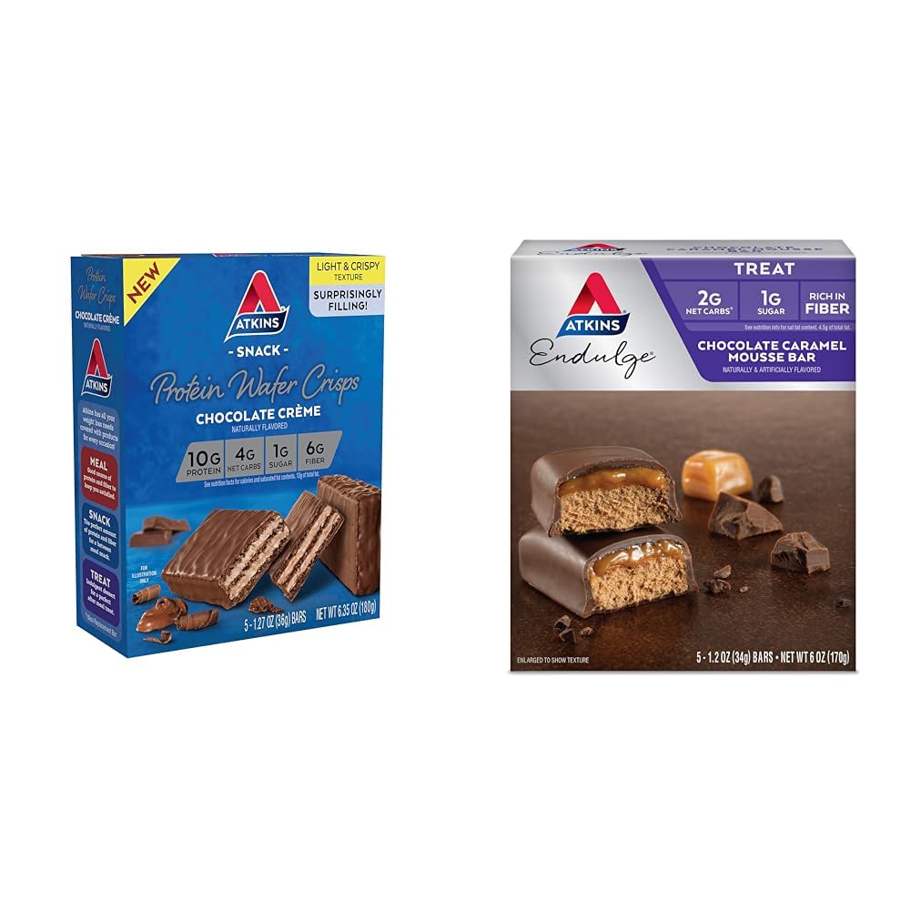 Atkins Chocolate Crème Protein Wafer Crisps, 5 Count and Chocolate Caramel Mousse Bars, 5 Count Bundle
