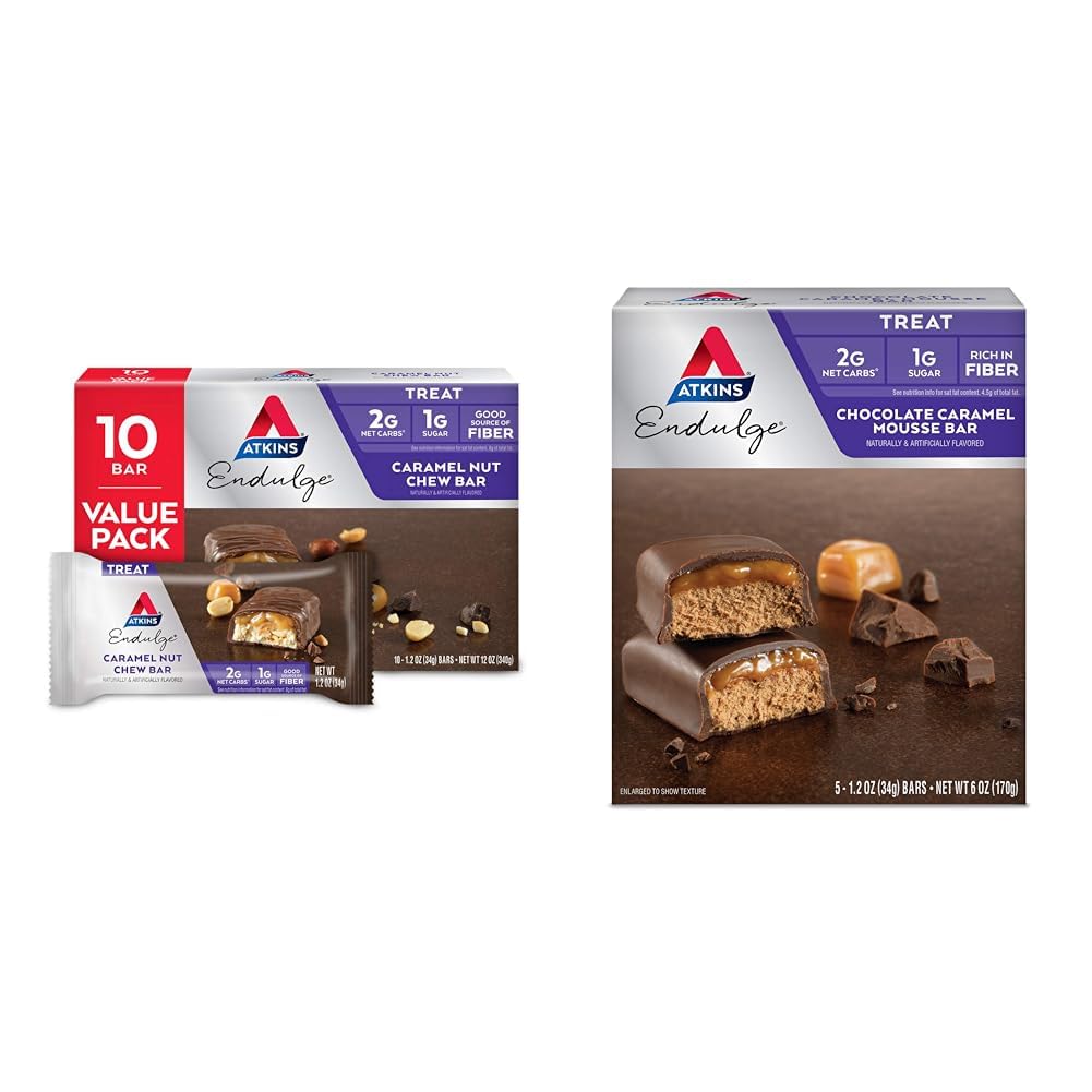 Atkins Endulge Caramel Nut Chew Bar, Dessert Favorite, 1g Sugar, Good Source of Fiber, Low Sugar, 10 Count & Endulge Chocolate Caramel Mousse Bar, Dessert Favorite, 1g Sugar, High in Fiber, 5 Count