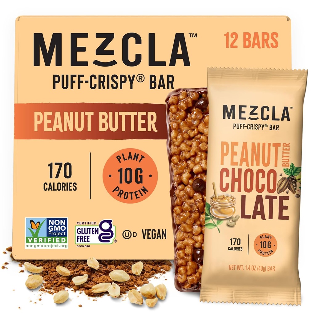 Mezcla Puff Crispy Protein Bars, Gluten Free & Vegan Protein Bars, 10g Protein, Alt för Crispy Rice Treat, Granola Bars & Breakfast Bars, Healthy Snacks for Adults, Peanut Butter Chocolate, 12 Pack