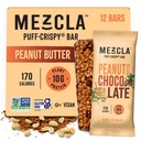 Mezcla Puff-Crispy Plant Based Protein Bars - Peanut Butter Chocolate - Healthy Snacks for Adults & Kids - Perfect School, Travel, & Office Snacks - Gluten Free, Vegan, Non GMO, 10g Protein - 12 Count