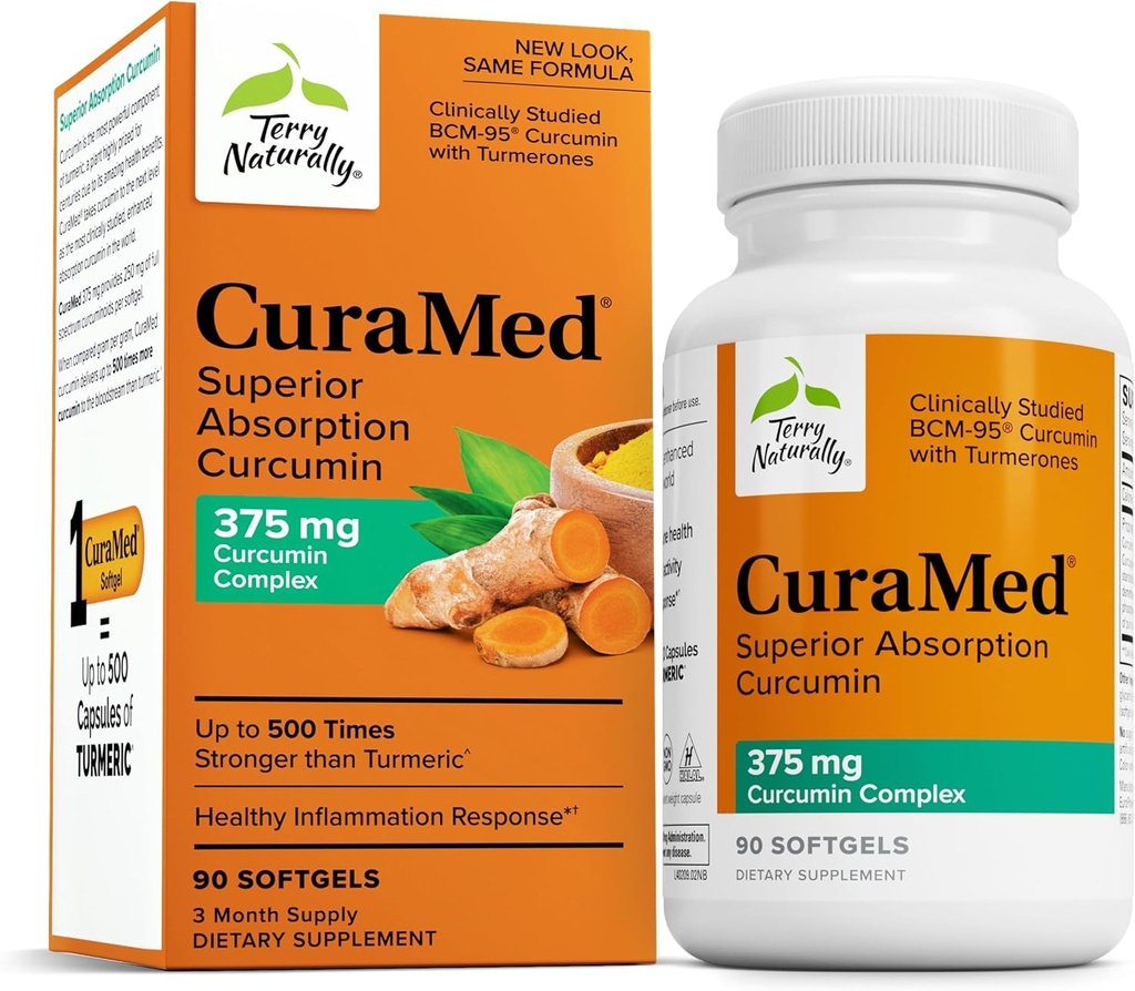Terry Natural CuraMed 375mg - Antioxidatzailea Garuna eta Immune Osasunaren euskarria - Elikadura osagarria Curcumin eta Turmeric Essential Oil - Herbal Liver euskarria - 90 Softgels