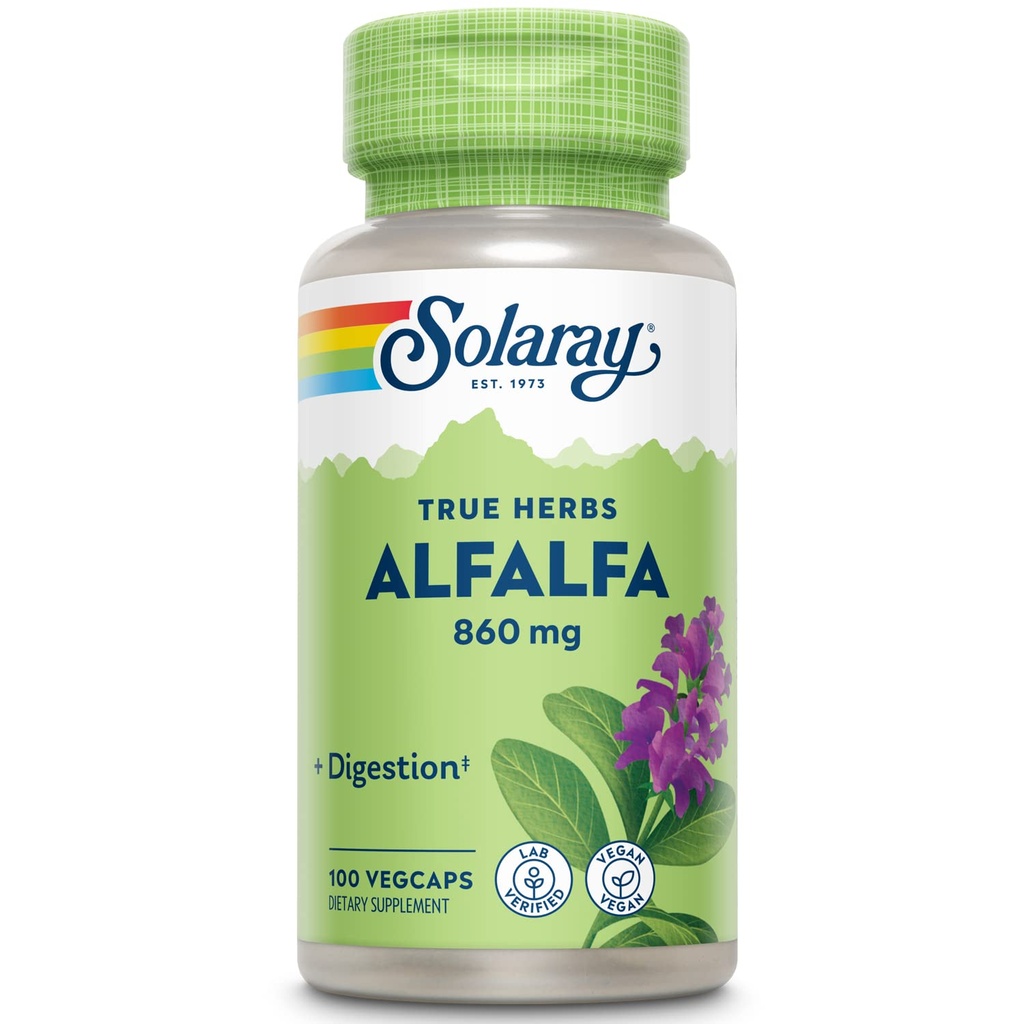 SOLARAY Alfalfa Leaf Supplement 860mg - Alfalfa Capsules for Men & Women, Superfood Caps for Herbal & Nutritive Support, Natural Source of Fiber, Chlorophyll, Vitamin K, C & E, Vegan - 100 Ct Veg Caps