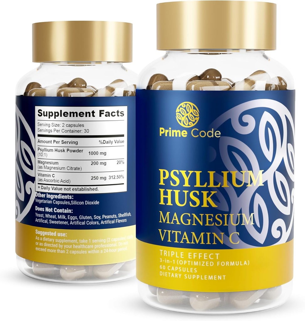 Prime Code [3 in 1] Psyllium Husk kapsulak Magnesium Citrate eta C bitaminarekin | Psyllium Husk kapsulak 1000mg | Magnesium Citrate 200mg | C 250mg bitamina | Ez-GMO | Gluten & Soy Free | Vegan