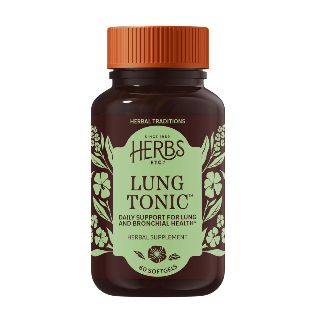 Herbs Etc. Lung Tonic Softgels - Herbal Supplement for Clear Breathing & Overall Respiratory Health - Mullein Leaf, Horehound Herb & Grindelia Flower - 60 Count (60 Servings)