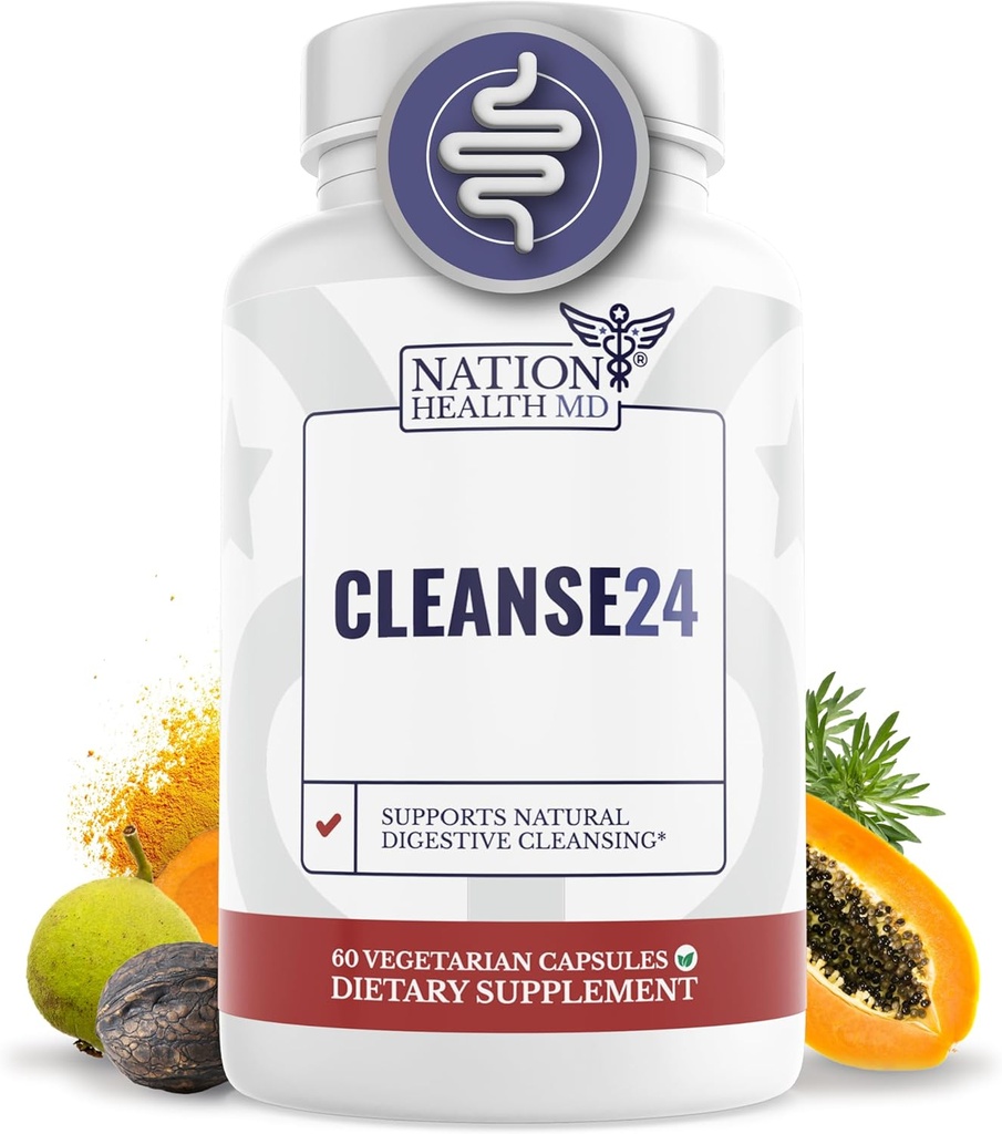 Cleanse24 - Intestinálna čistota pre ľudí s Wormwood, Papaya, Black Walnut - Herbal Intestinálna čistota, Gut Cleanse pre mužov a ženy, 60 kapsúl