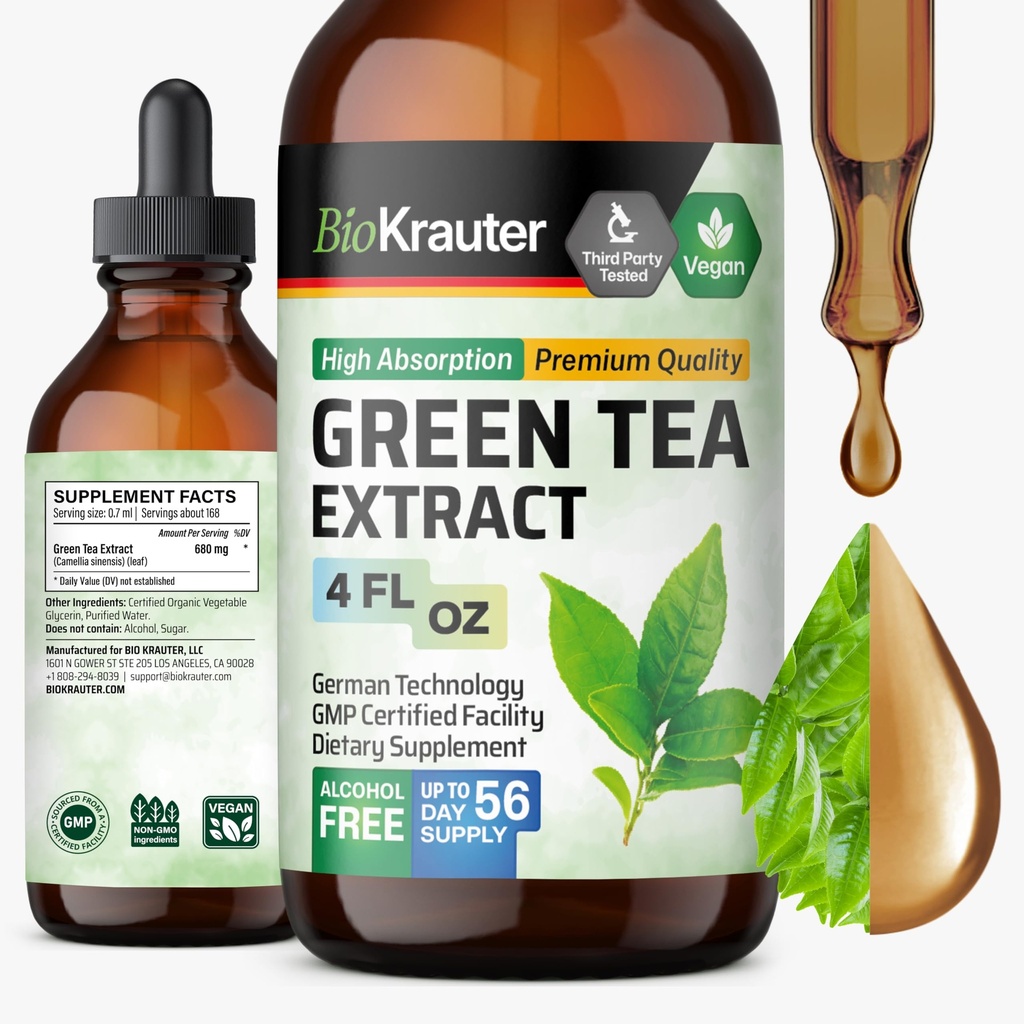 BIO KRAUTER® Green Tea Extract - Liquid Pure Vegan Green Tea Supplement 680 mg per Serving 4 Fl.Oz 56-Day Supply - Natural Antioxidant & Immune Support, Used for Daily Wellness - Alcohol & Sugar Free