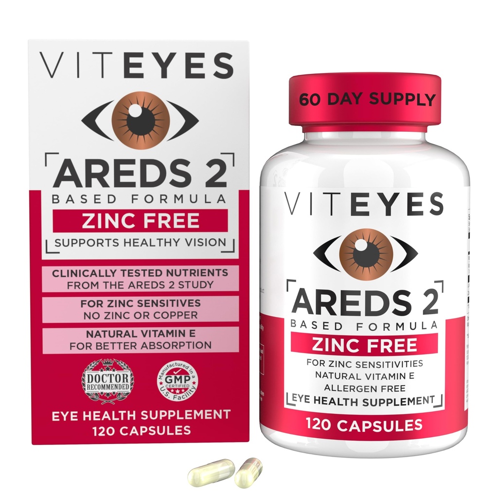 Viteyes AREDS 2 Zinc Free Macular Support, Natural Allergen Free Capsules with Vitamin E, Vitamin C, Lutein & Zeaxanthin, No Zinc, No Copper, Eye Doctor Trusted, Manufactured in The USA, 120 Ct