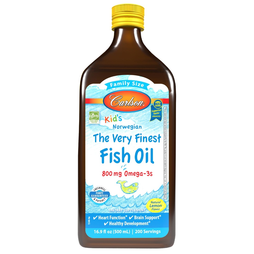 Carlson - Kid's The Very Finest Fish Oil, 800 mg Omega-3s, Liquid Fish Oil Supplement, Norwegian Fish Oil, Wild Caught, Sustainably Sourced Fish Oil Liquid, Lemon, 500 mL (16.9 Fl Oz)