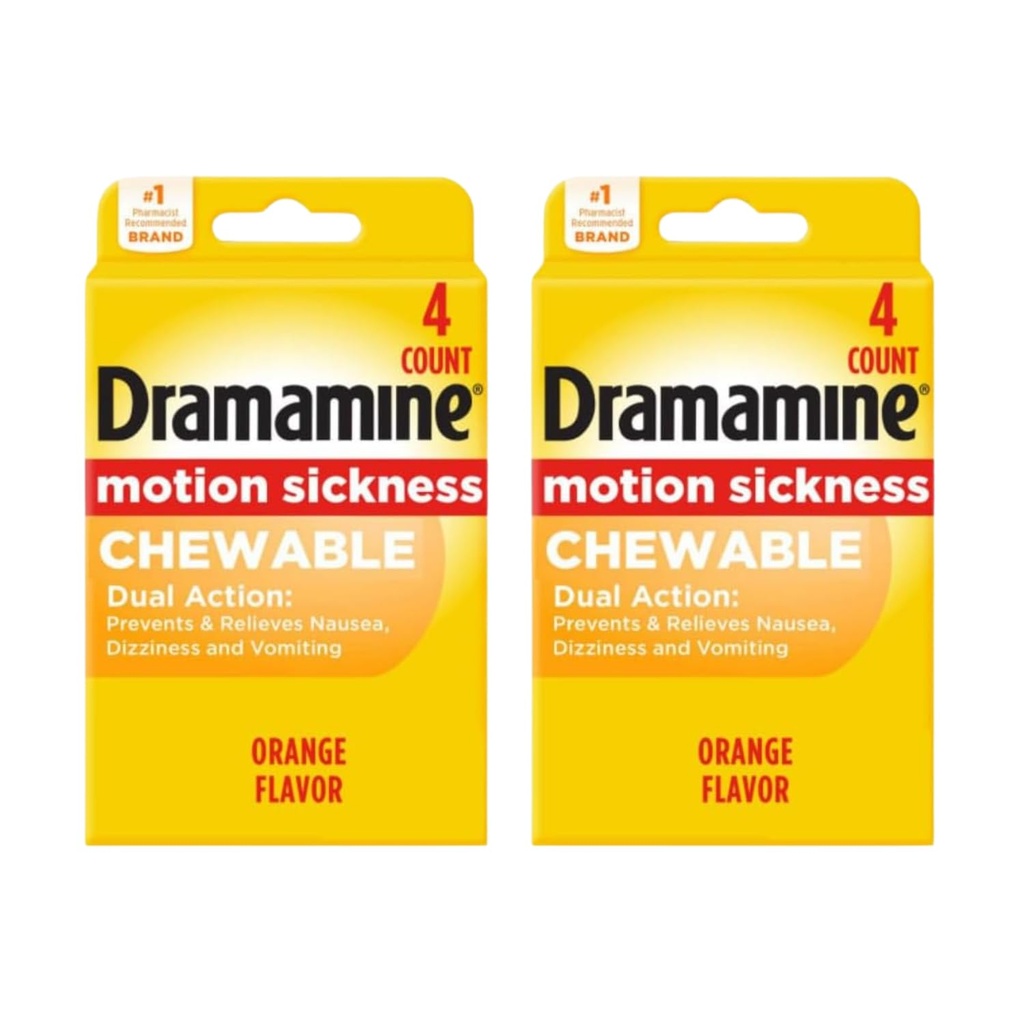 Dramamine Motion Sickness Relief, Chewable, Prevents and Relives Nausea, Dizziness & Vomiting, Orange Flavor, 4 Count (Travel & Trial Size) (Pack of 2)
