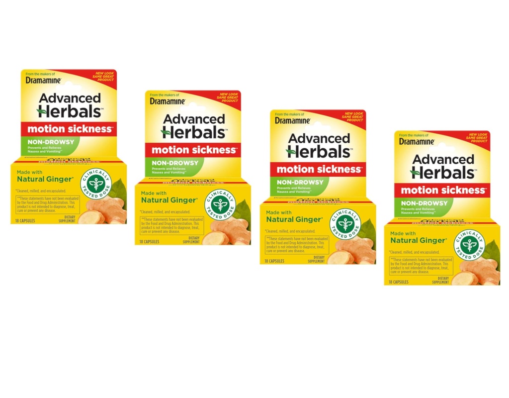 Dramamine Advanced Herbals Non-Drowsy Motion Sickness Caplets | Made with Natural Ginger | 18 Count | Pack of 4