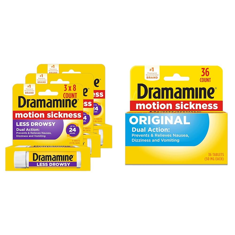 Dramamine Motion Sickness Relief Tablets Bundle: All Day Less Drowsy, 8 Count, 3 Pack and Original, 36 Count