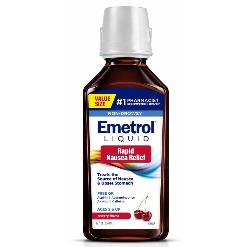 Emetrol Non-Drowsy Nausea Relief - Liquid Medicine for Upset Stomach Relief - Pharmacist Recommended Nausea Medicine - Cherry Flavor - 12 fl oz