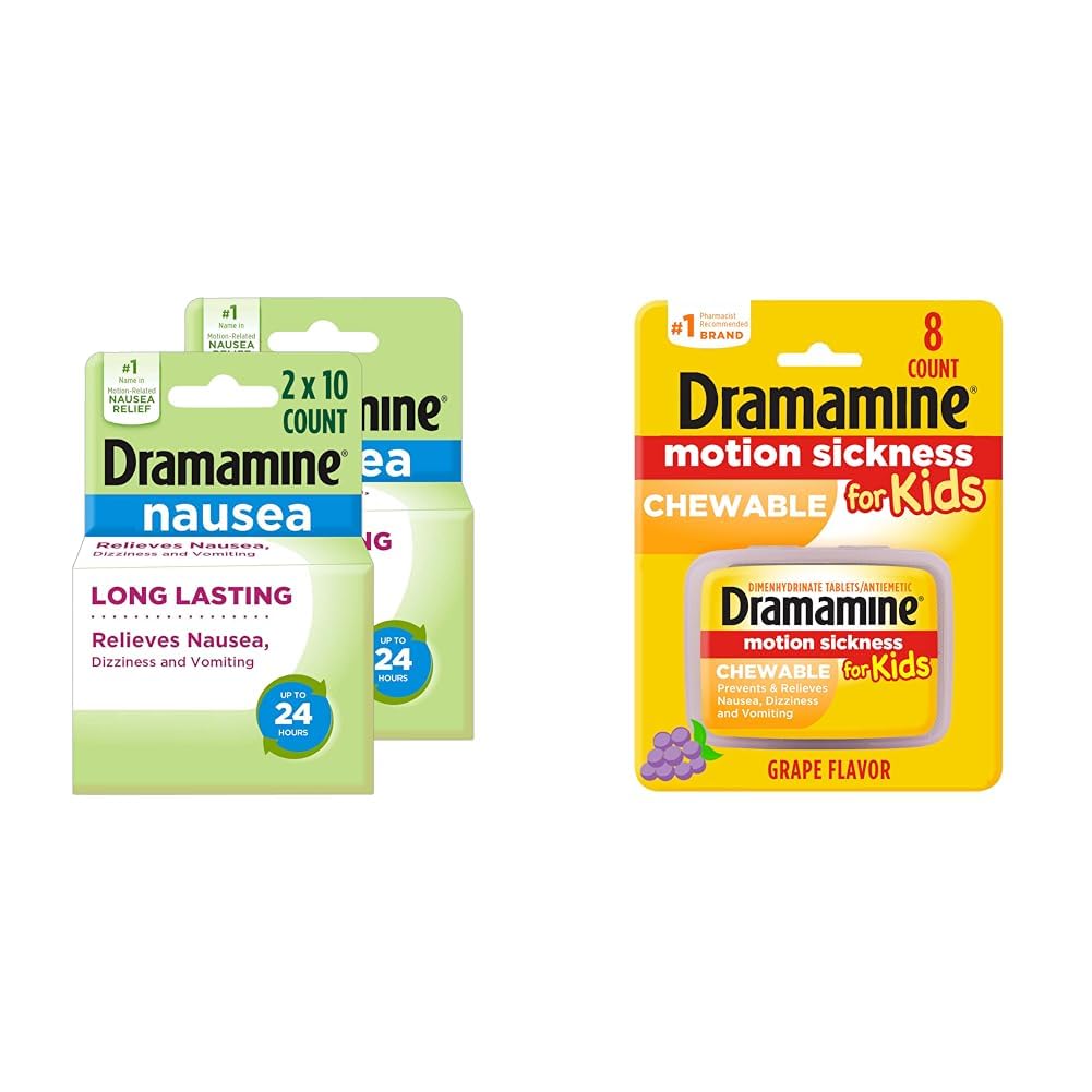 Dramamine Nausea Relief Long Lasting 10 Count 2 Pack and Kids Chewable Motion Sickness 8 Count