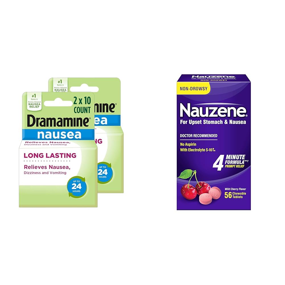 Dramamine Nausea Long Lasting 10 Count 2 Pack & Nauzene Upset Stomach & Nausea Relief Wild Cherry 56 Count