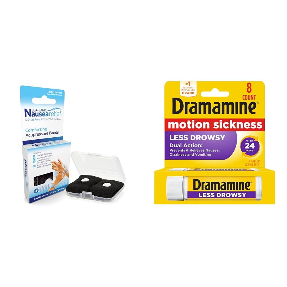 Sea-Band Anti-Nausea Acupressure Wristbands, 1 Pair & Dramamine Motion Sickness Relief Tablets, 8 Count Bundle