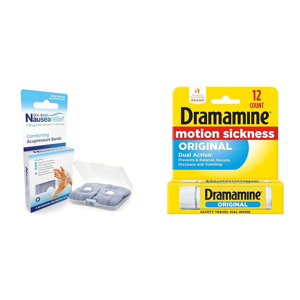 Sea-Band Anti-Nausea Wristbands, 1 Pair & Dramamine Motion Sickness Tablets Travel Vial, 12 Count