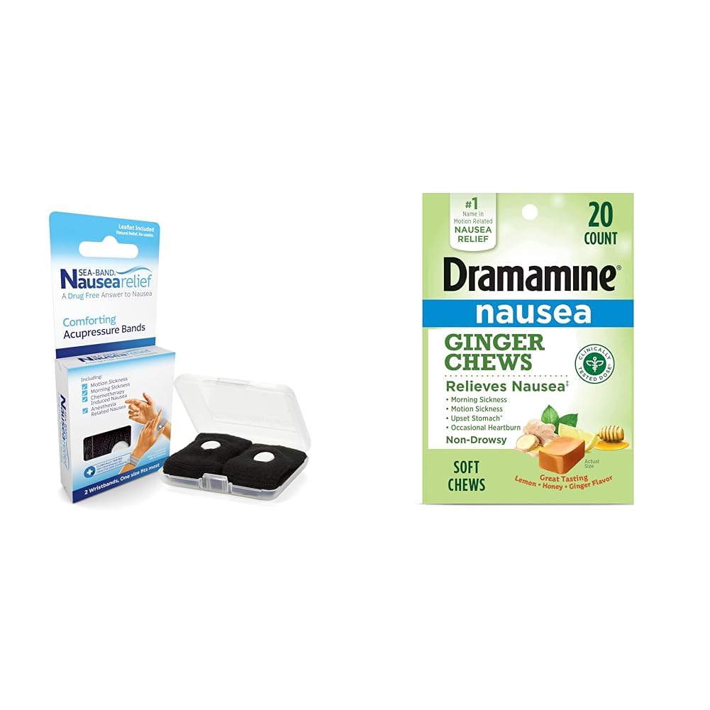 Sea-Band Anti-Nausea Acupressure Wristbands, 1 Pair & Dramamine Ginger Chews Nausea Relief, 20 Count