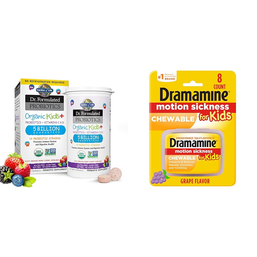 Garden of Life Dr. Formulated Probiotics Organic Kids+ Plus Vitamin C & D Immune & Digestive Health Chewables Bundle with Dramamine Kids Chewable Motion Sickness Relief Grape Flavor 8 Count