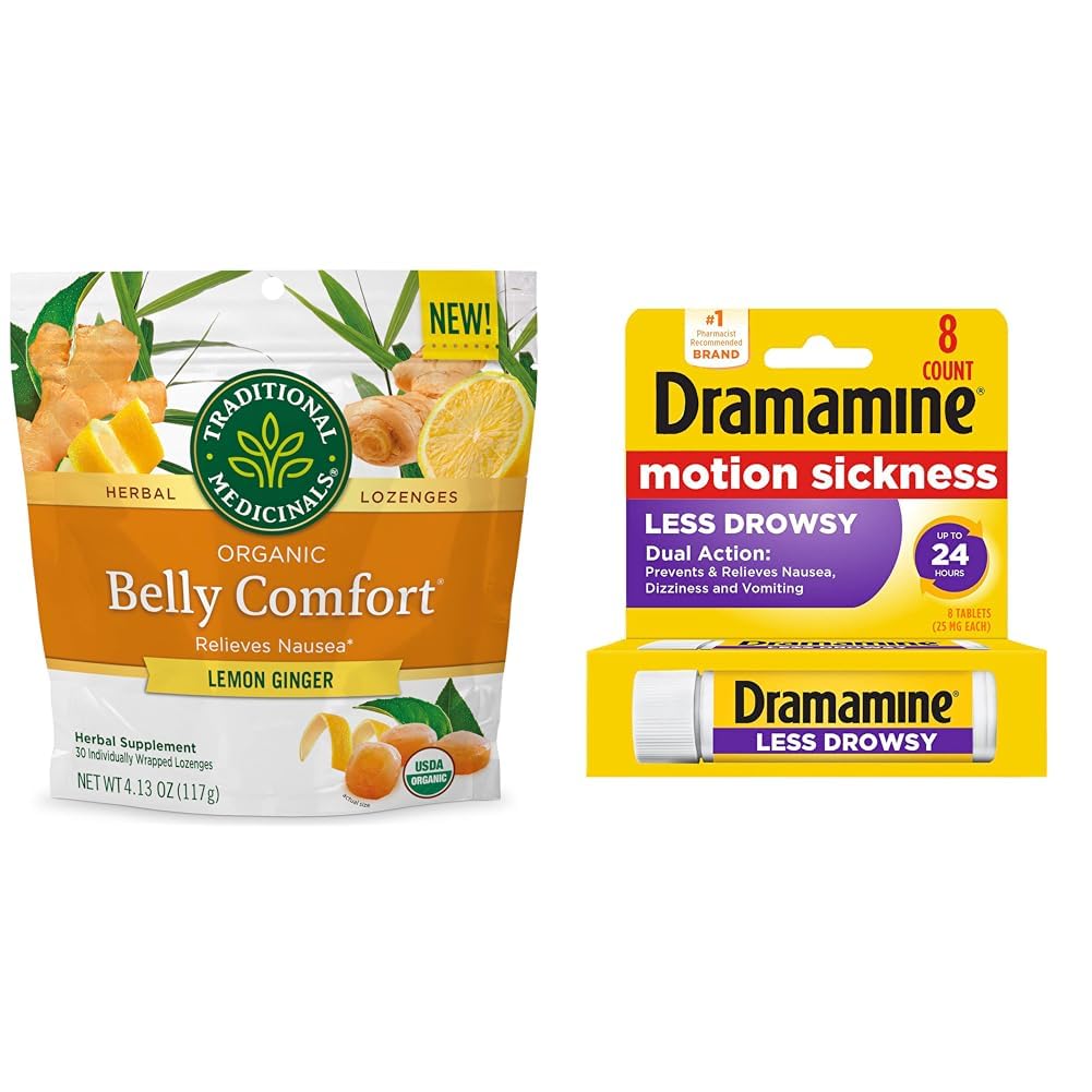 Traditional Medicinals Organic Belly Comfort Lemon Ginger Lozenges 30 Count and Dramamine Motion Sickness Relief Less Drowsy Formula 8 Count