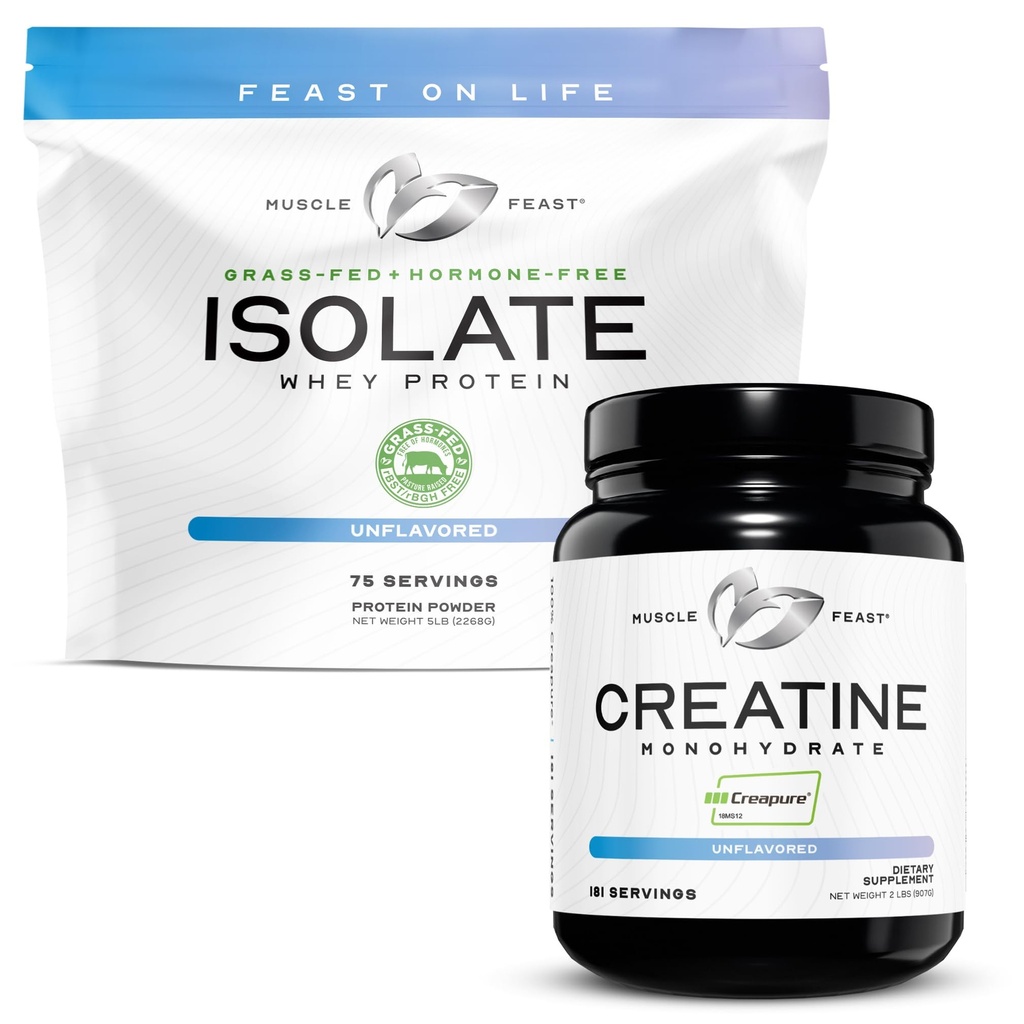 Muscle Feast Creapure Creatine Monohydrate - Unflavored 2lb (x1) and Isolate Whey Protein Powder - Unflavored 5lb (x1) - Muscle Recovery and Performance Bundle