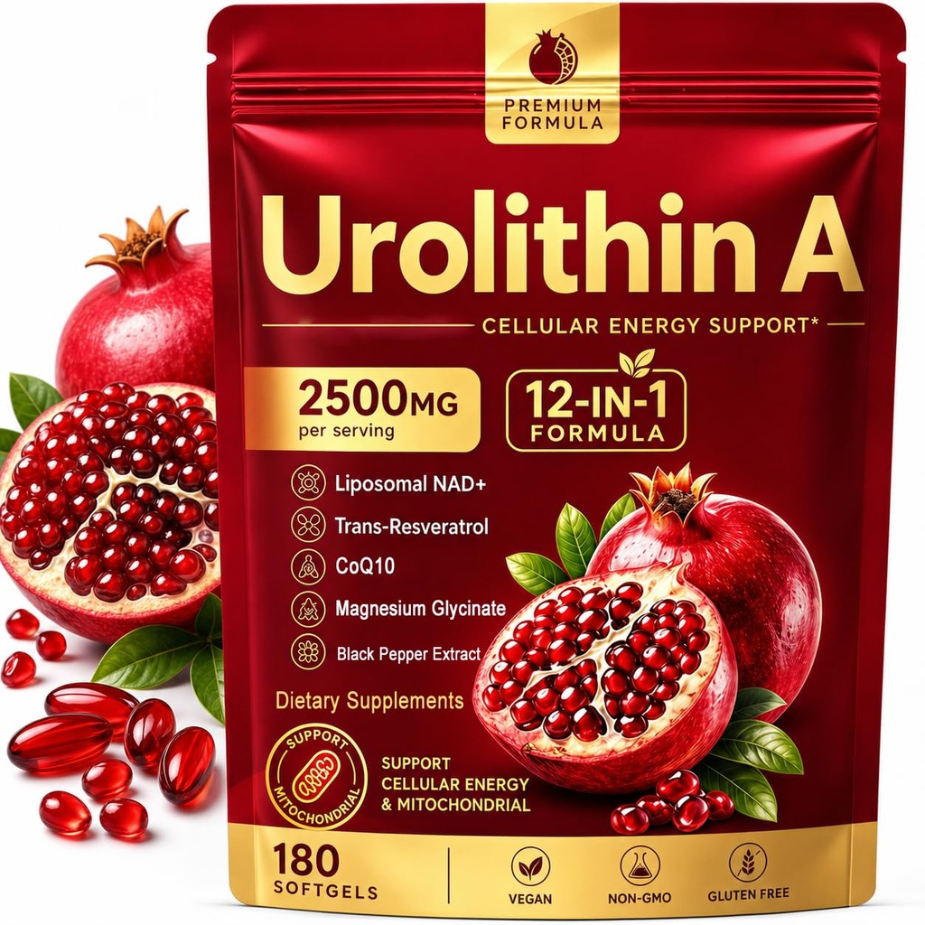 Urolithin A+ Supplement, 12-In-1 Formula with Liposomal NAD+, Trans-Resveratrol, Support Cellular Health & Mitochondrial, Natural Antioxidant, Promotes Muscle Strength & Endurance, 180 Softgels