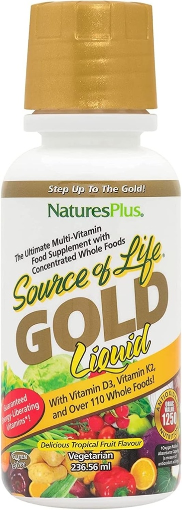 Natures Plus Source of Life Gold Multiвитамини Liquid - 8 oz - с витамини D3, B12 & K2 - Кръв, костна и имунна поддръжка - Вегетарианска и без глутенова - 8 Сервиз