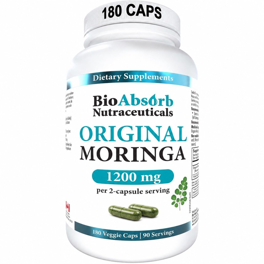 Bio Absorb Moringa Capsules 1200mg – Non-Irradiated Moringa Oleifera Leaf Powder | 180 Capsules (45–90 Day Supply)