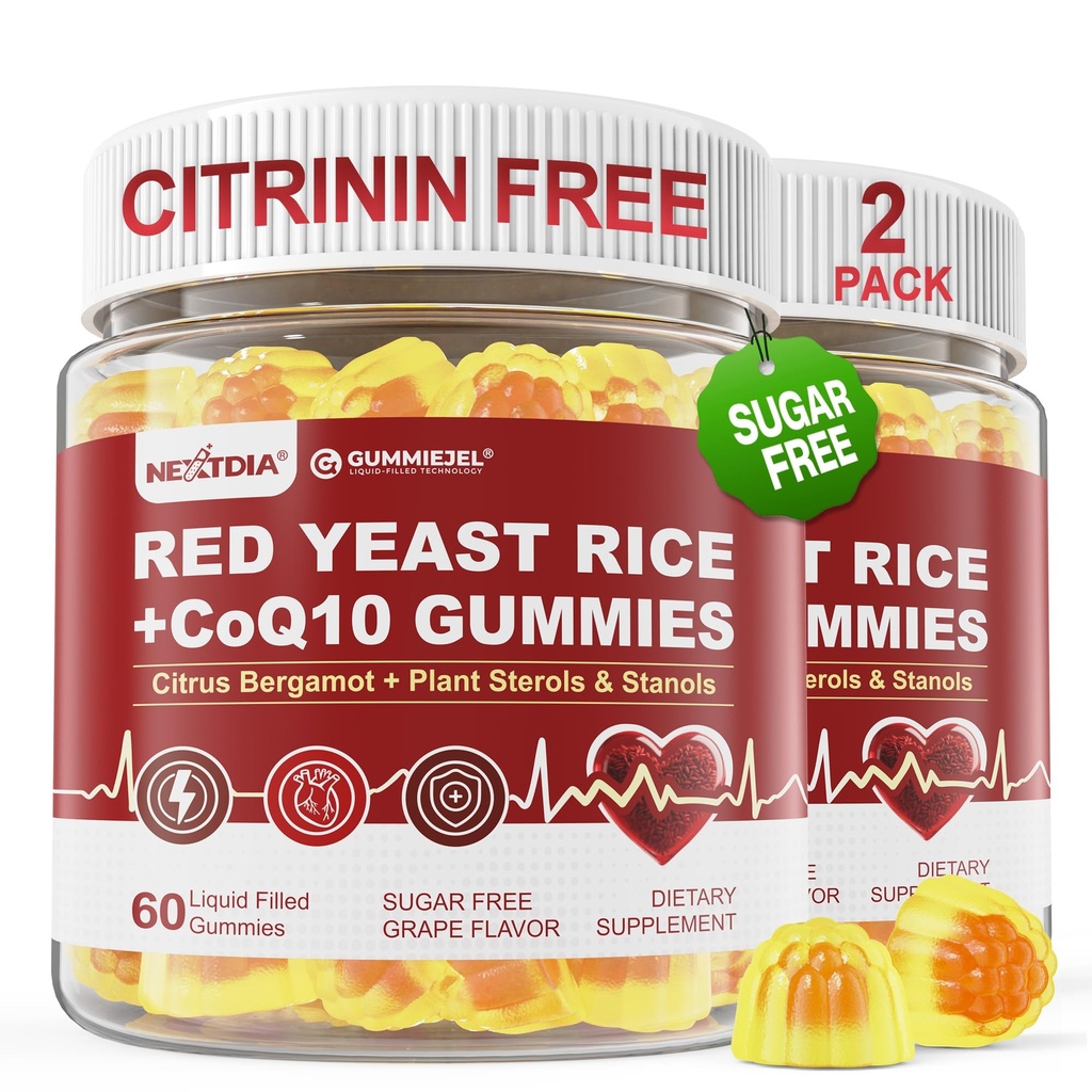 Red Yeast Rice Gummies 2400MG with CoQ10, Suagr Free Balanced Chṏlesterṏl Supplements Plus Citrus Bergamot, Plant Sterols & Stanols Supports Vḁsculḁr Health, Energy, Immunity for Age 50+,Vegan,120 Cts