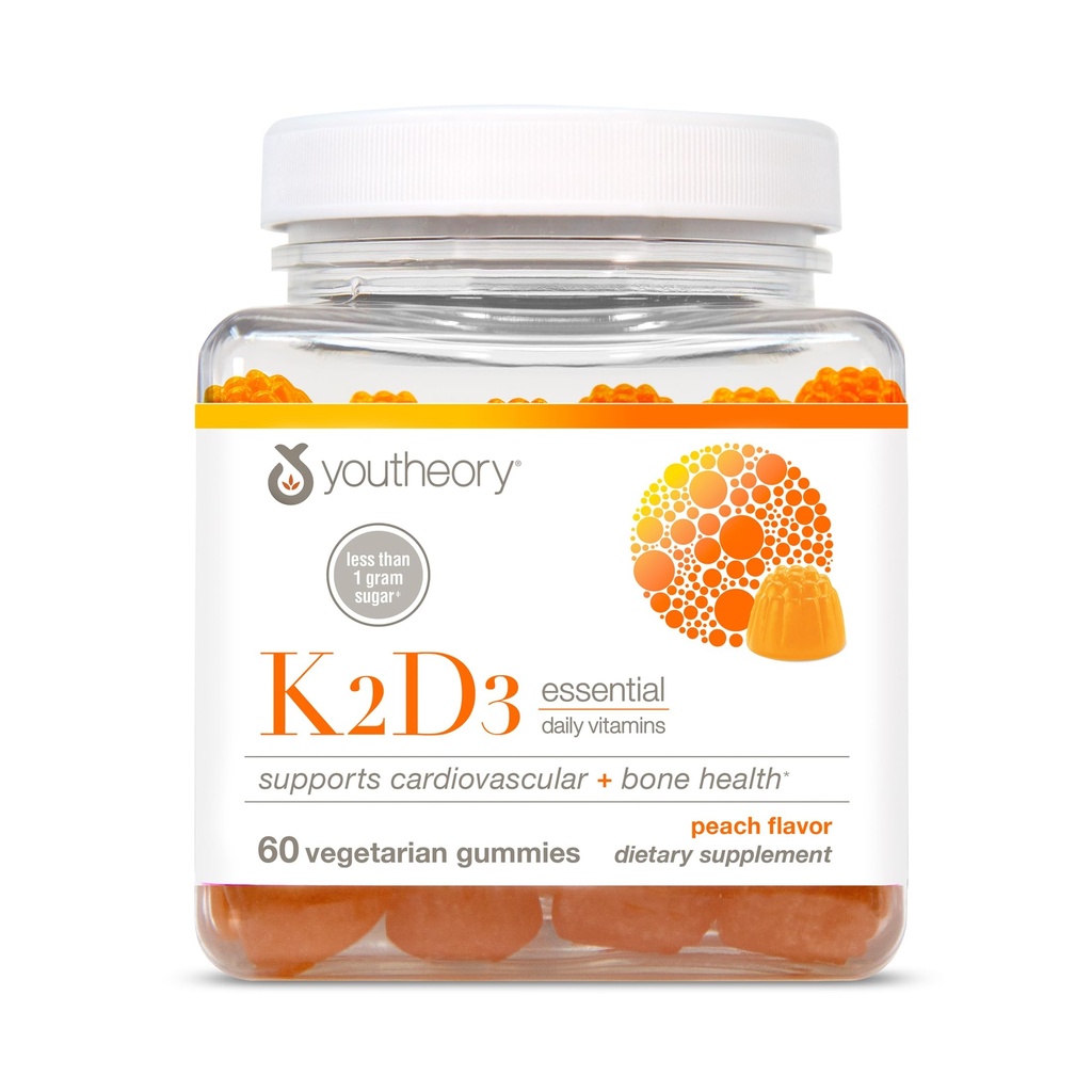 Youtheory K2D3 Gummies - Vitamin D3 & K2 Supplement for Bone, Heart & Immune Health* - - Plant-Based Ingredients - Sugar Free - Peach Flavor - 60 Gummies (60-Day Supply)