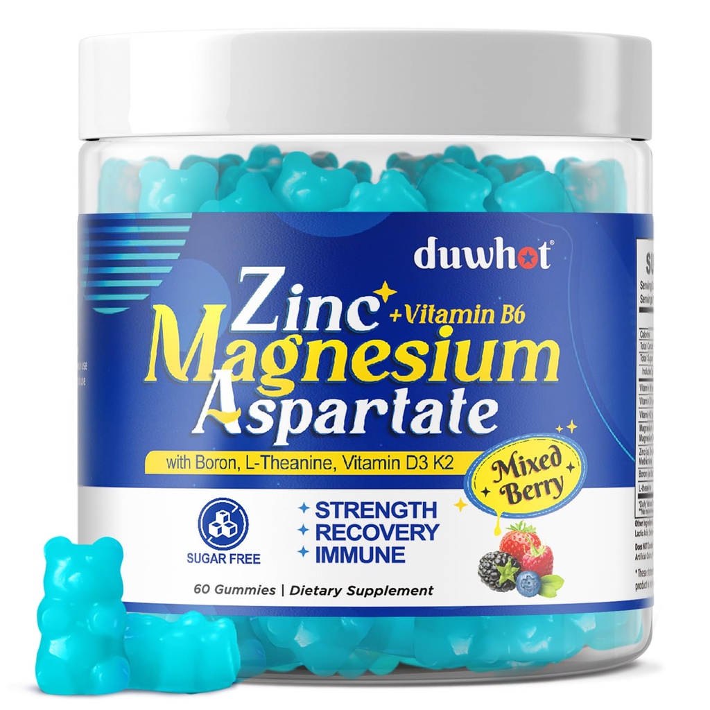 Magnesium Zinc Supplement, Zinc Magnesium Aspartate with Vitamin B6 D3 K2, L-Theanine & Boron, Muscle Recovery, Energy Support, Bone Health, Sugar Free 60 Gummies