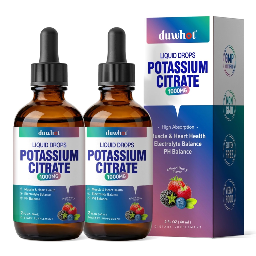 Liquid Potassium Citrate Supplement, Potassium 1000mg Drops for Women & Men, with Zinc Citrate, Vitamin B6, Sodium & Taurine, High Potassium Electrolytes, 4 Fl Oz