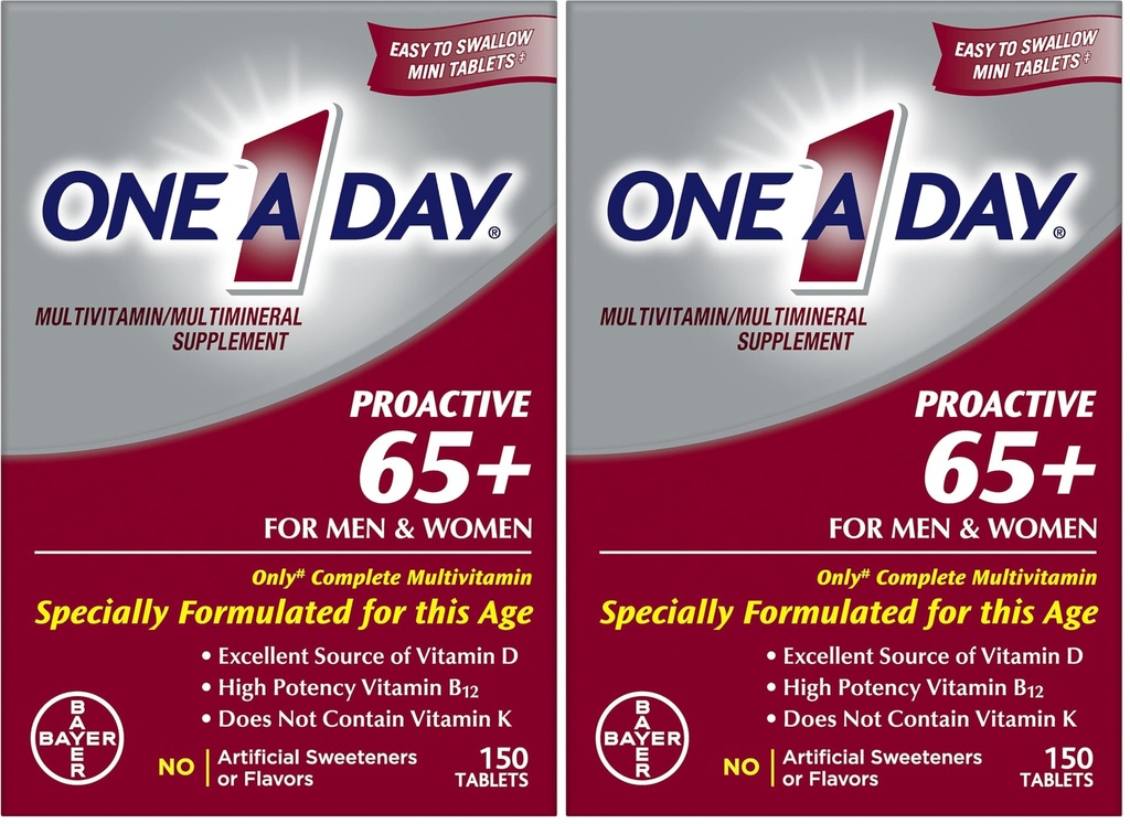 ONE A DAY Proactive 65+, Mens & Womens Multivitamin, Supplement with Vitamin A, C, D, and Zinc to Support Bone Health & Cell Health, Calcium, Folic Acid, Tablet 150 Count (Pack of 2)