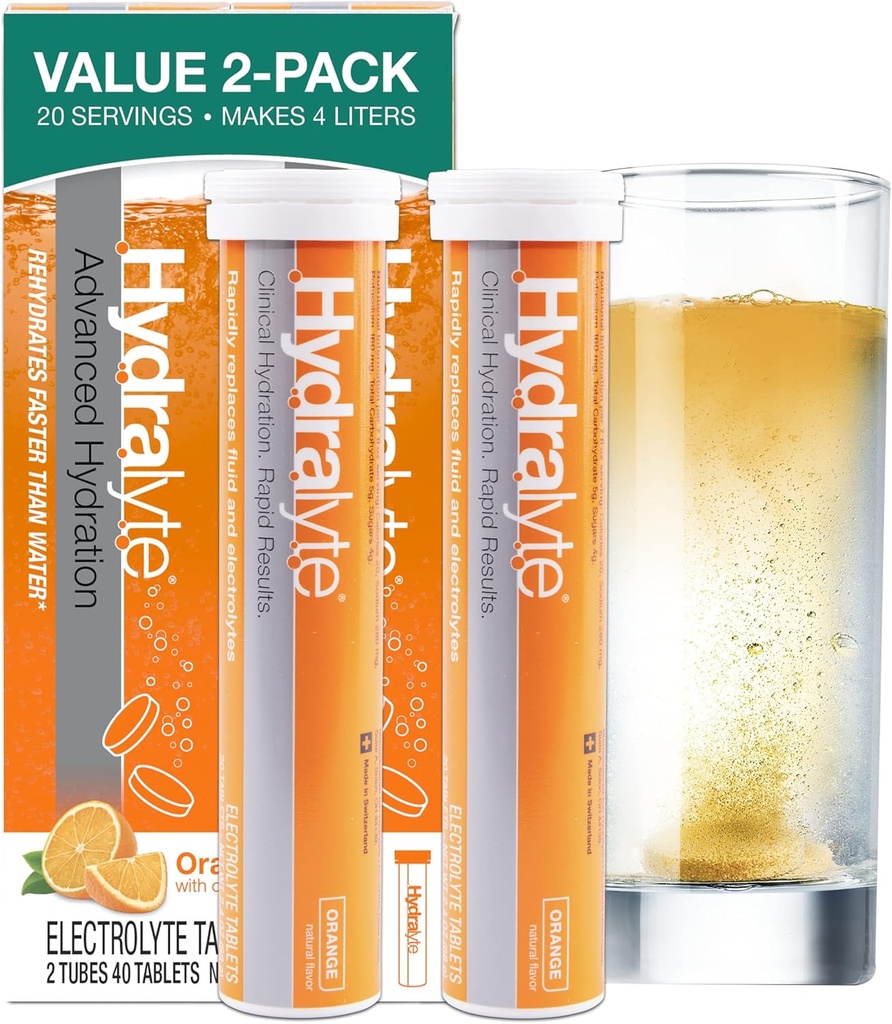Hydralyte Electrolyte Tabletler | 40 Orange Electrolytes | Airplane Travel Essential for Rapid Rehidr | Hydration Tabletleri - Instant Dissolve Electrolytes (20 Servisler, 2 Tabletler)
