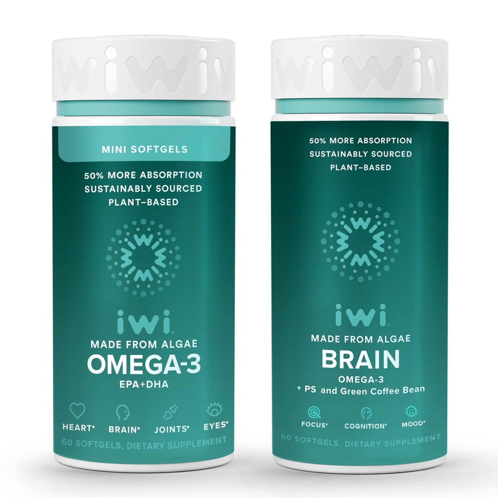 Iwi Omega-3 Minis & Brain Omega-3 Bundle, 30 Servings, Vegan Plant-Based Algae Omega 3 with EPA + DHA, Krill & Fish Oil Alternative, No Fishy Aftertaste