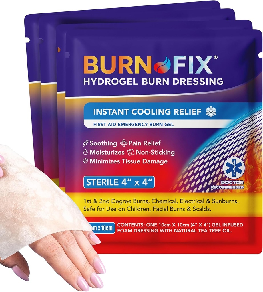 BurnFix® - 4 Pack-Burn Gel Dressing 4 x 4" Burn Care Krem İlk Yardım Müalicə. 1st, 2nd Degree Burns, Razor və Ev üçün Sunburns, İş, Fire, EMS