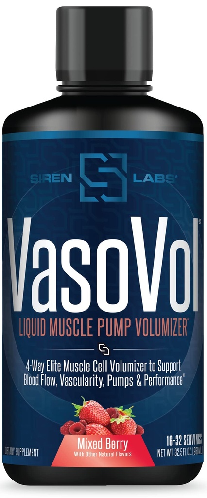SIRENLABS Vaso-VOL Liquid Muscle Pump Volumizer with Agmatine Sulfate - Pre Workout for Men to take Your Workouts to the Next Level with Vascularity and Performance (Mixed Berry)