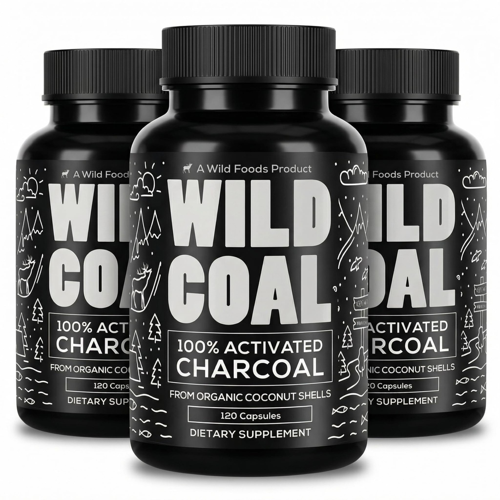Wild Foods Activated Charcoal Capsules | 100% Organic Coconut Shells Active Tablets | Lab Tested & Non-GMO Detox Pills | USA (Three Bottles - 120 Capsules)