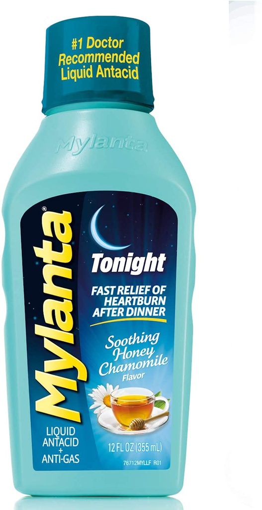 Mylanta Tonight Liquid Antacid + Anti-Gas Soothing Honey Chamomile Flavor - 12 oz, Pack of 6