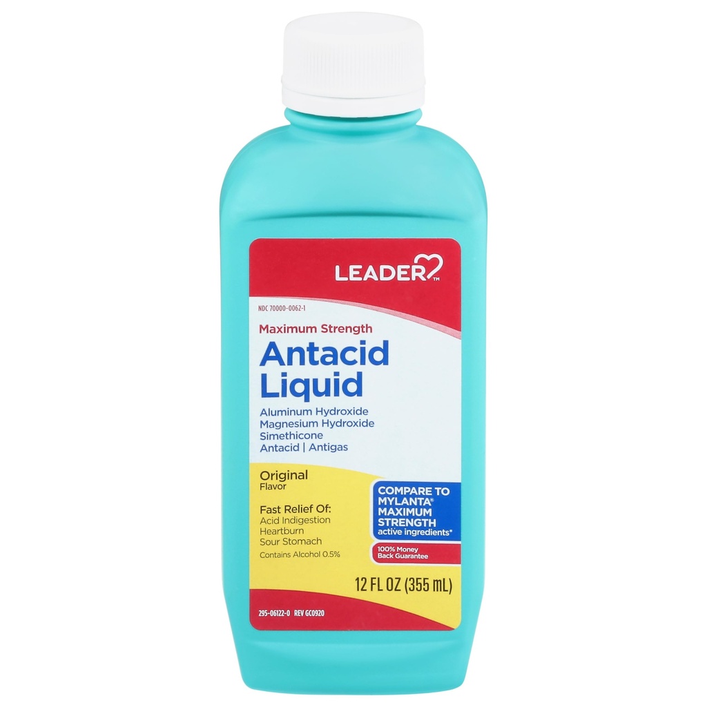 Leader Antacid Liquid with Aluminum Hydroxide, Simethicone, Antacid/Antigas for Heartburn Relief, Acid Indigestion, Pressure & Bloating, Sour Stomach, Original Flavor, (MYLANTA) 12 FL OZ (Pack of 1)