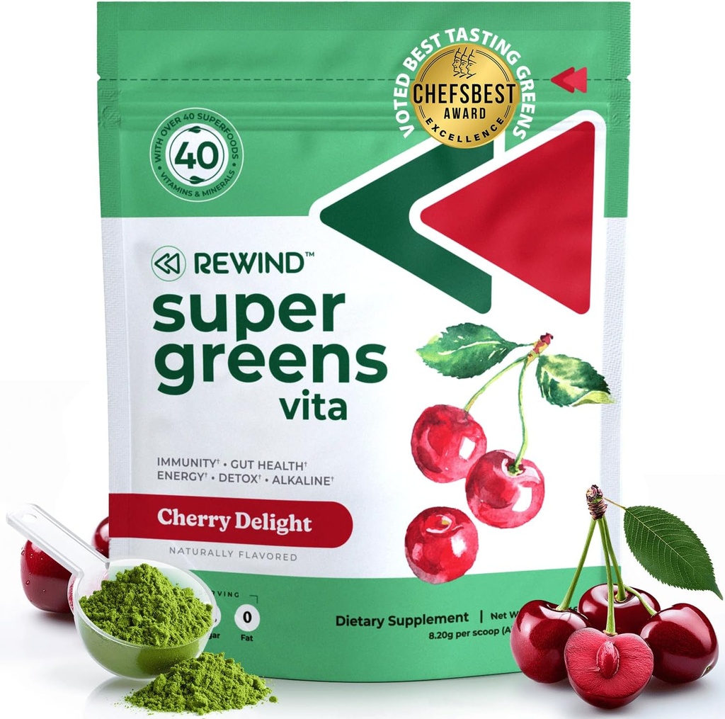 A legjobb ízletes Super Greens por 40 + Superfoods - Finom napi zöld por B12-vitaminnal, Cink, C-vitamin, Magnézium & Kalcium - Zöld lé Superfood Mix - Cherry Flavor