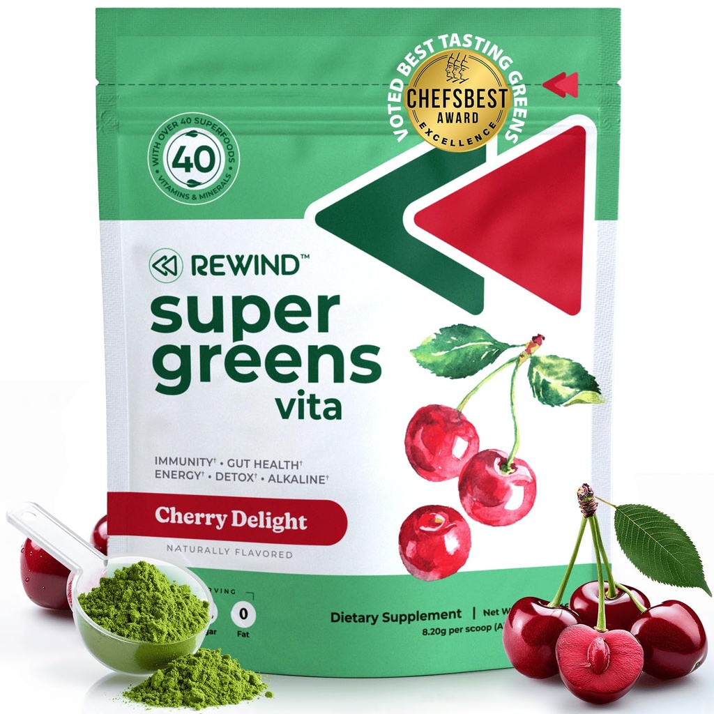 Rewind Best Tasting Super Greens Powder with 40+ Superfoods – Delicious Daily Green Powder with Vitamin B12, Zinc, Vitamin C, Magnesium & Calcium – Green Juice Superfood Mix - Cherry Flavor