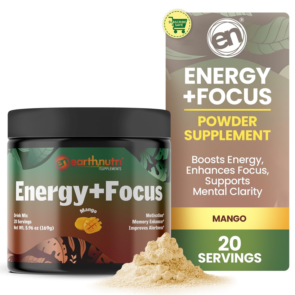EarthNutri Energy + Focus Powder Supplement - Energy Boost & Memory Supplements - with PeakO2, AlphaSize, Cognizin, PurCaf, Theacrine, Acetyl L-Carnitine L-Tyrosine – Mango Flavor - 20 Servings (171g)