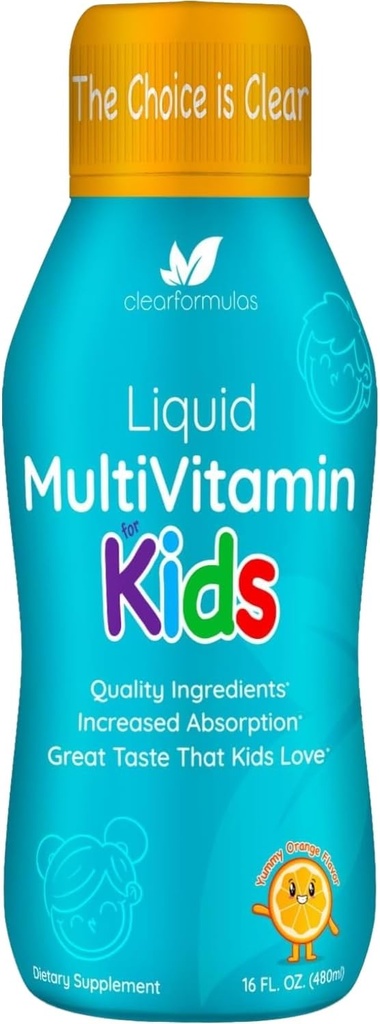Multivitamine liquide sans sucre pour enfants - Multivitamine liquide à haute absorption pour enfants avec des vitamines A C D E & B Complexe Plus Quercetin Immune Complexe de soutien - 3ème partie testée - Arôme orange (1 mois)