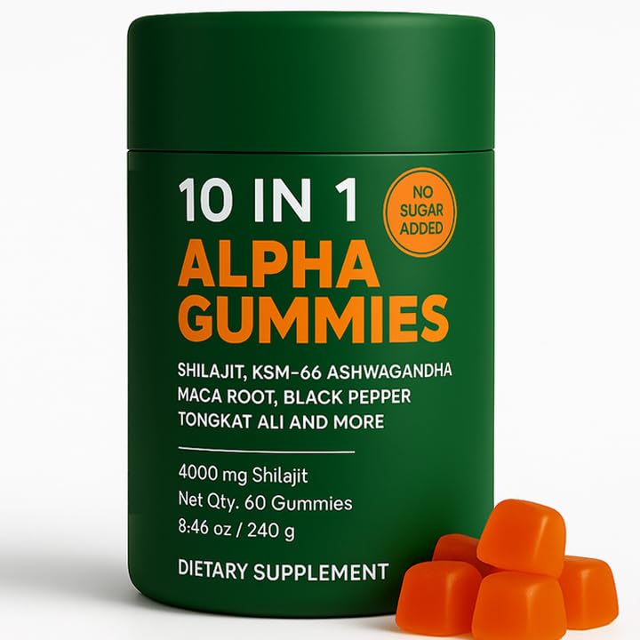Alpha Gummies 10 in 1 for Men | 4000mg Himalayan Alpha Shilajit Gummies for Energy & Immune | 75% Fulvic Acid, 85+ Trace Minerals, Ashwagandha, Gokshura | No Added Sugar, Non-GMO, 60 Count (1)