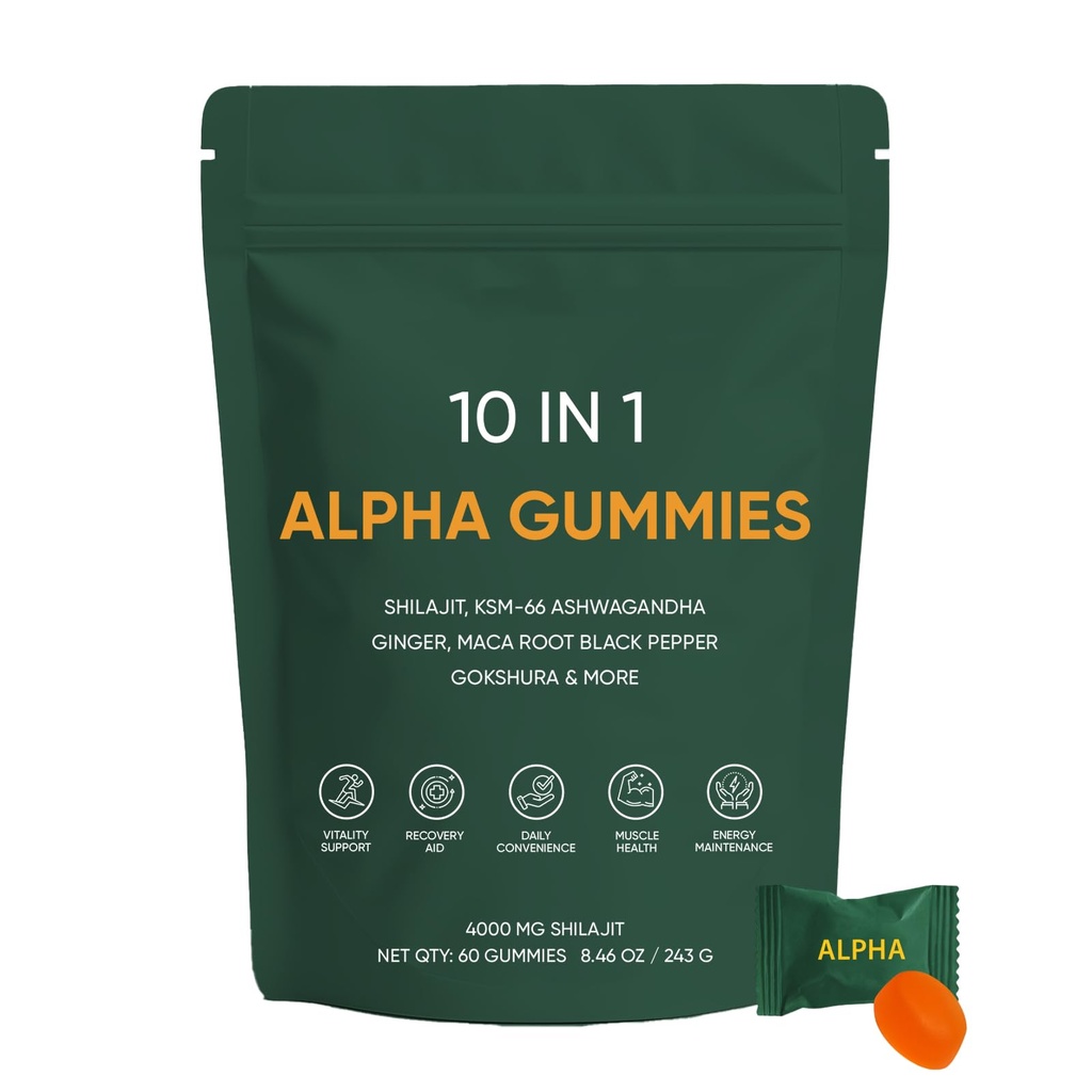 10-in-1 Alpha Shilajit Gummies with Ashwagandha, 4000 mg Himalayan Shilajit, Fulvic Acid, 85+ Multi-Vitamins Minerals- for Energy Boost & Immune Support, Sugar-Free Vegan, 60 Gummies