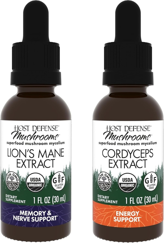 Host Defense Bundle with Lion's Mane Extract, 1 fl oz & Cordyceps Extract, 1 fl oz - Support Brain Health, Memory & Focus - Imune & Energy Support Supplement*