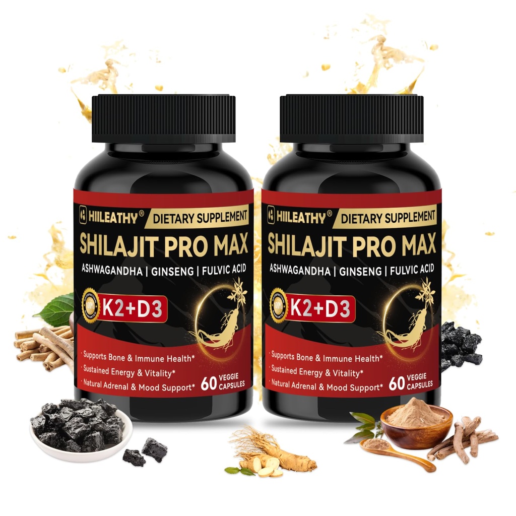 2 Pack Shilajit for Men Women, Shilajit w/Vitamin D3 K2, Shilajits for Men w/Fulvic Acid Ashwagandha, Shilajits for Extra Power Stamina Immune Support, Non-GMO Made in US 60 Capsules