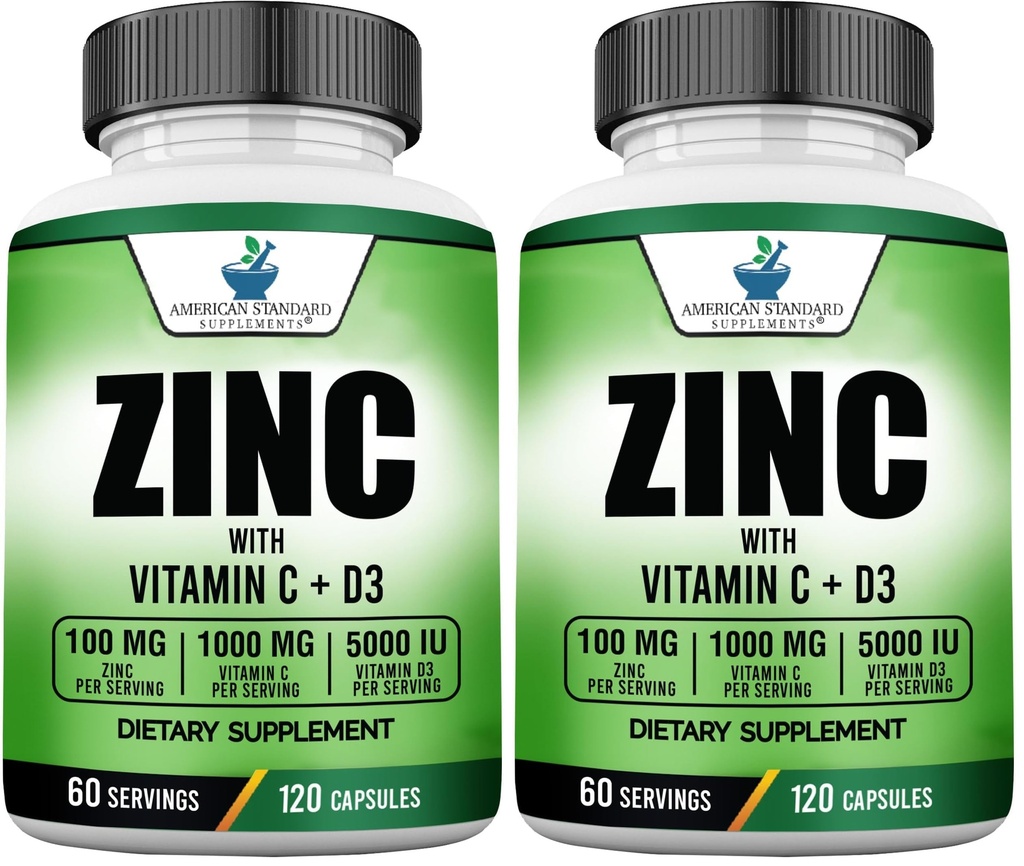 American Standard Supplements Zinc 100mg, Vitamin C 1000mg, and Vitamin D3 5000 IU (125mcg) Per Serving - Gluten Free, Non-GMO, 120 Capsules, 60 Servings (Pack of 2)